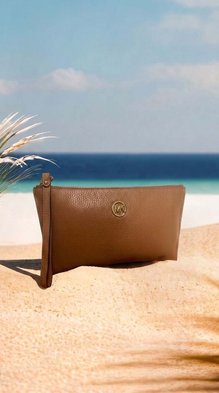 Michael Kors Brown Pebbled Leather Wristlet Clutch